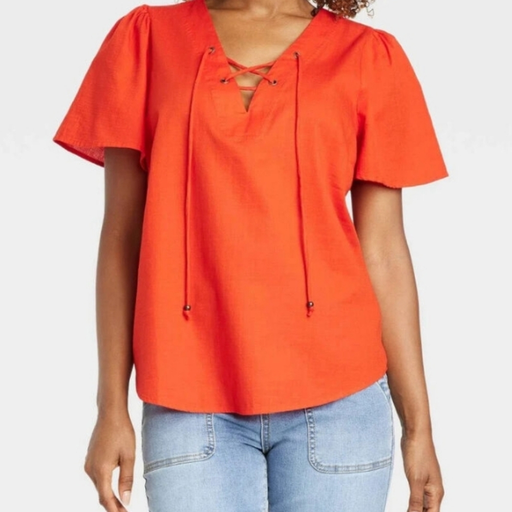 Knox Rose NEW 100% Cotton V-neck Lace Up Detail Blouse Size M